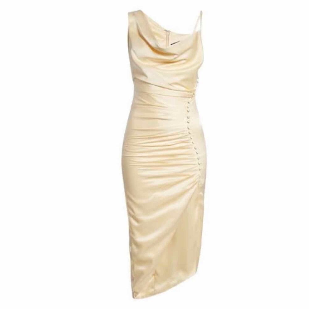 Lavish Alice Satin Cowl Neck Button Detail Formal Midi Dress US 0 Cream